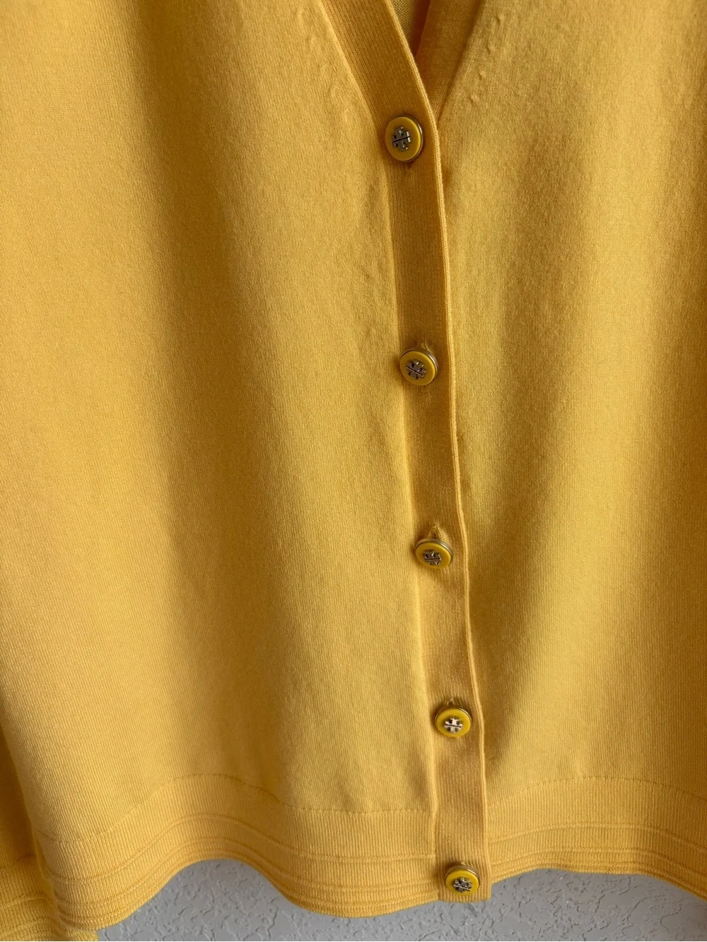 Tory Burch Merino Wool Cardigan Large Yellow Logo Button V-Neck Sweater